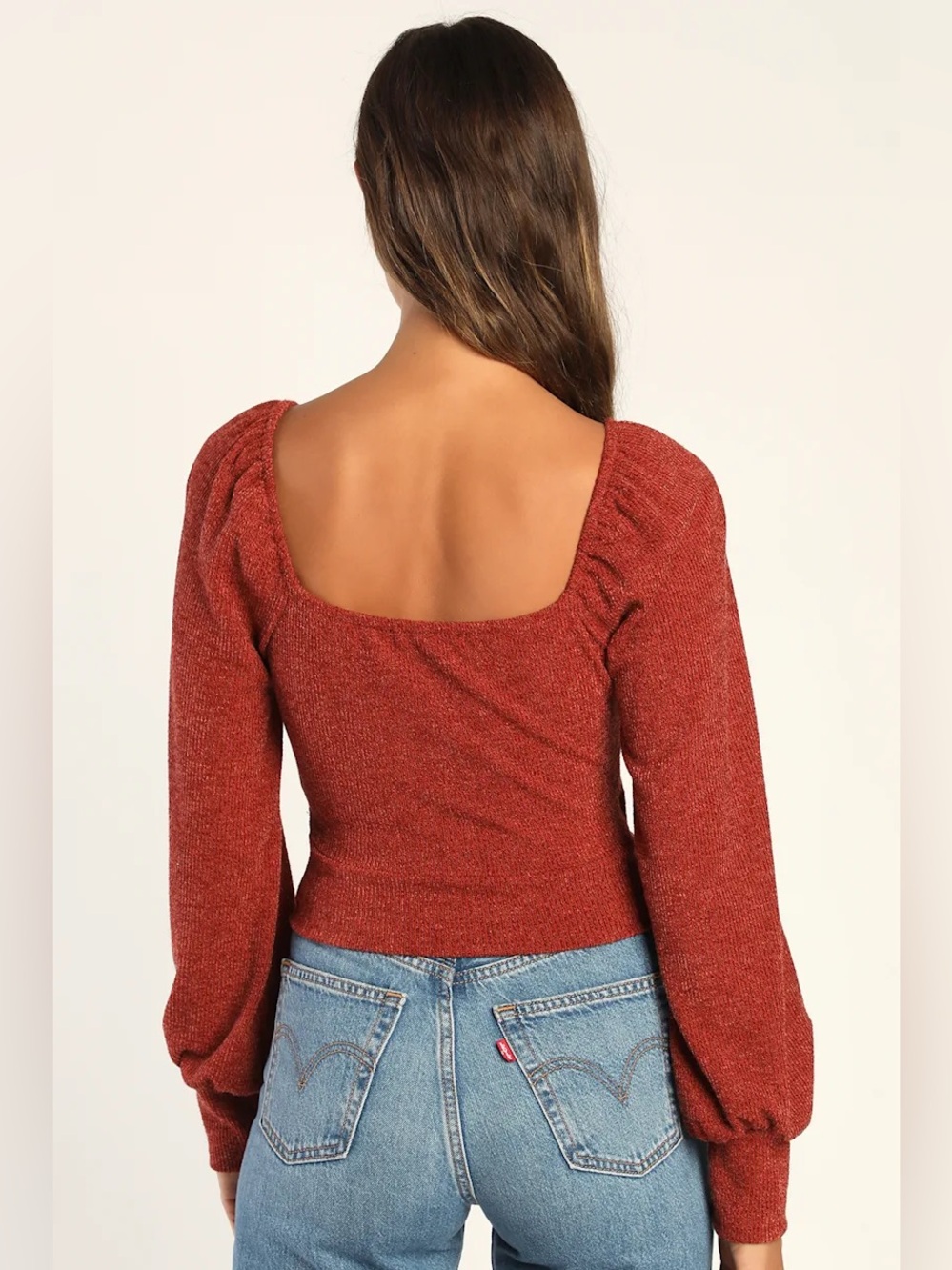 Lulus Fun Favorite Rust Red Long Sleeve Cropped Sweater Top - Size M - Picture 3 of 4